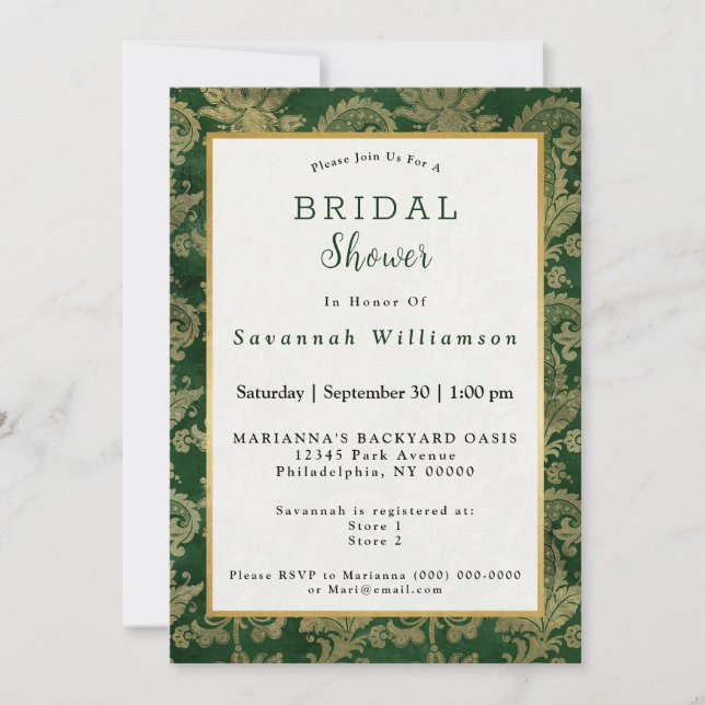 Invitación Ducha nupcial floral Celta Green Gold Paisley (Anverso)
