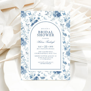 Invitación Ducha Nupcial Floral Chinoiserie Azul Blanco 