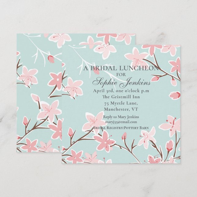 Invitación Ducha nupcial floral con flores de cerezo moderno (Anverso / Reverso)