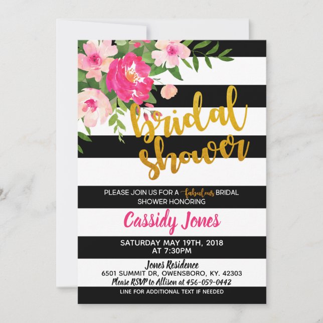 Invitación Ducha nupcial floral con franjas en blanco y negro (Anverso)