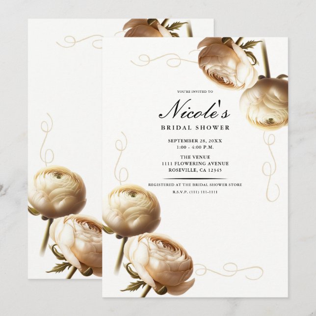 Invitación Ducha nupcial floral crema y blanca ranunculus (Anverso / Reverso)