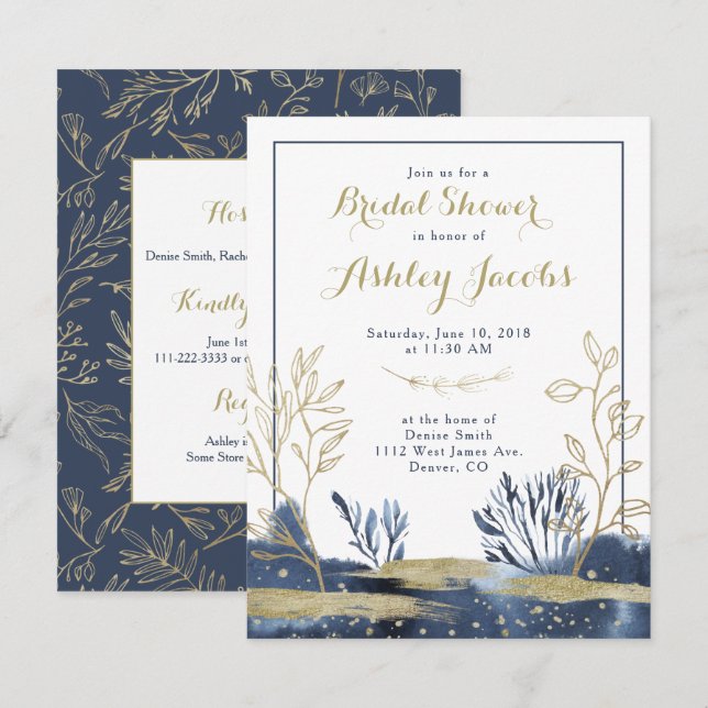 Invitación Ducha nupcial floral de Boho Blue Gold de la Marin (Anverso / Reverso)