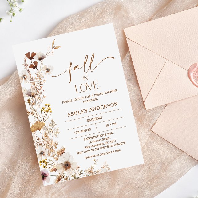 Invitación Ducha nupcial floral de Boho Brown Beige Fall (Fall Floral Bridal Shower Invitation, Fall in Love Bridal Shower Invite, Wildflowers Bridal Shower)