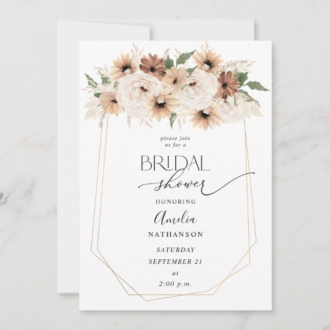 Invitación Ducha nupcial floral de Boho neutro y rusa (Anverso)