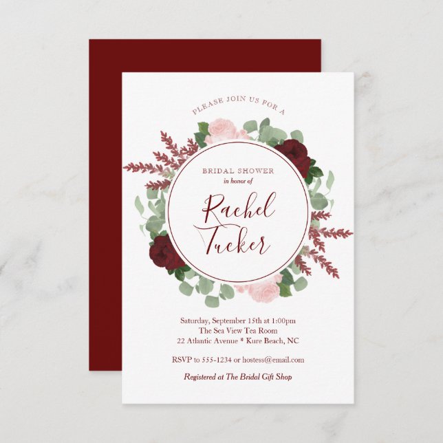 Invitación Ducha nupcial floral de Borgoña de la acuarela (Anverso / Reverso)