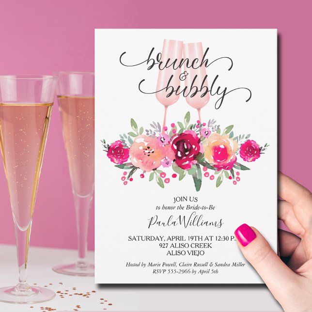 Invitación Ducha nupcial floral de Brunch and Bubby (Brunch and Bubbly champagne flutes and floral bridal shower invitations)