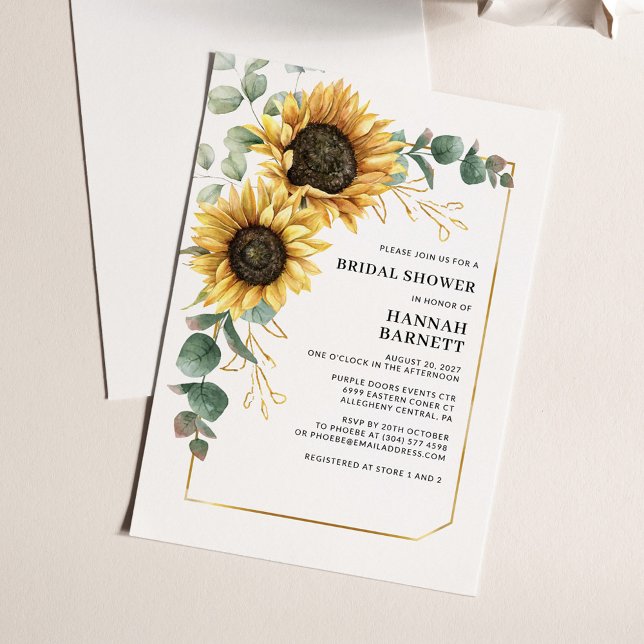Invitación Ducha nupcial floral de girasol Eucalyptus (Sunflower Eucalyptus Geometric Bridal Shower Invitation)