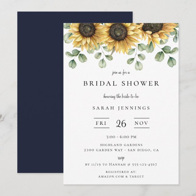 Invitación Ducha nupcial floral de girasol Eucalyptus (Anverso / Reverso)