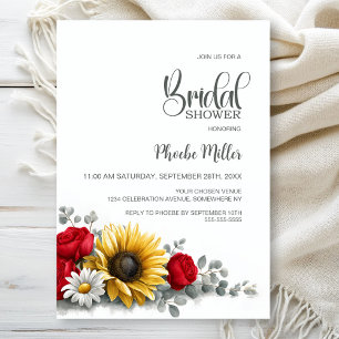 Invitación Ducha Nupcial Floral de Girasol y Rosa Roja
