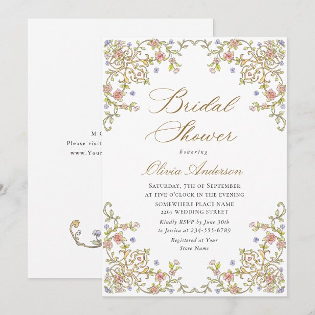 Invitación Ducha nupcial floral de Grace Ornate en Victoria (Anverso / Reverso)