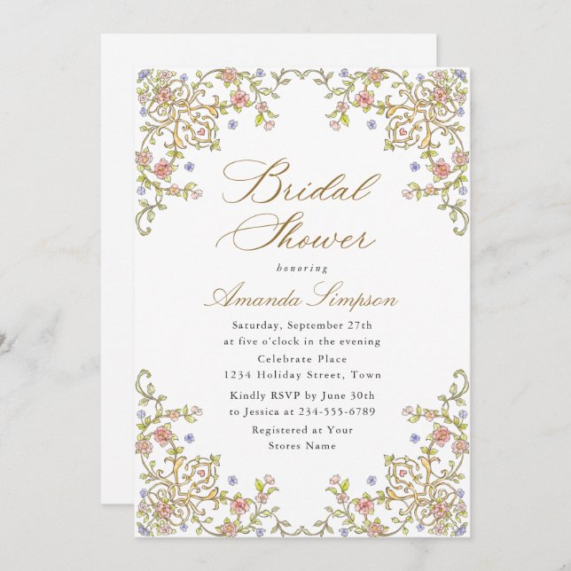 Invitación Ducha nupcial floral de Grace Ornate en Victoria (Anverso / Reverso)