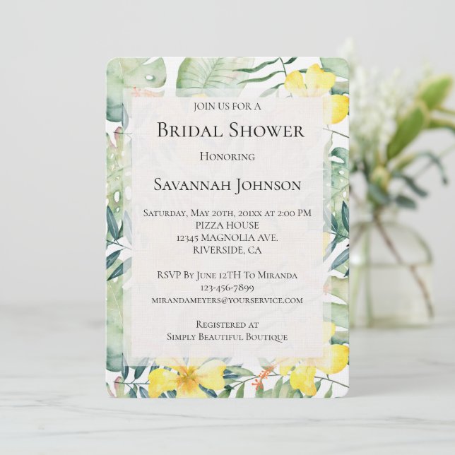Invitación Ducha nupcial floral de Hibiscus amarillo tropical (Anverso de pie)