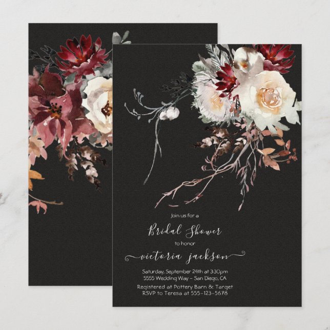 Invitación Ducha nupcial floral de invierno oscuro y amoroso (Anverso / Reverso)