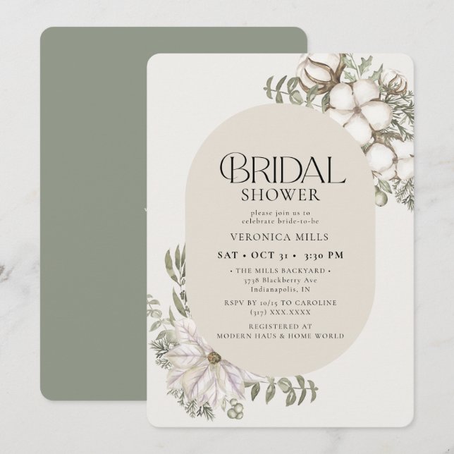 Invitación Ducha nupcial floral de invierno verde (Anverso / Reverso)