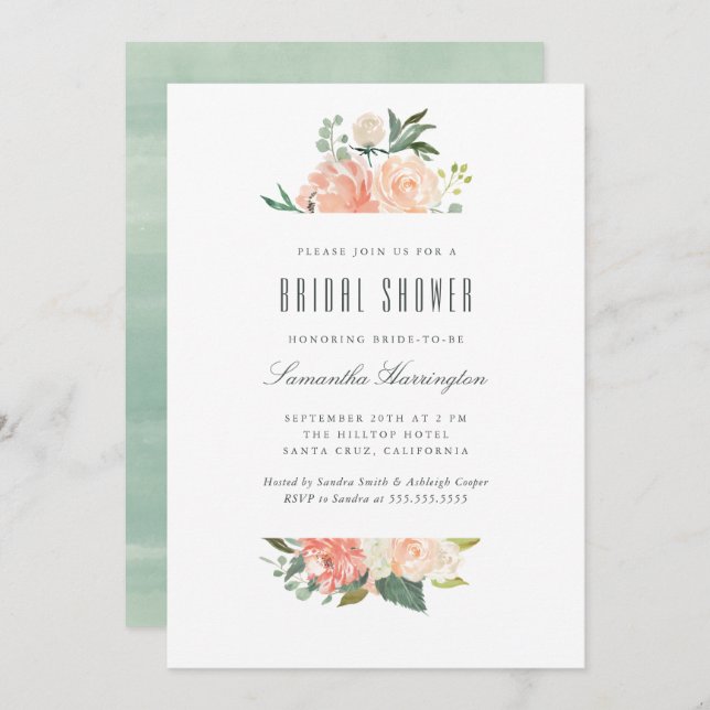 Invitación Ducha nupcial floral de la acuarela del melocotón (Anverso / Reverso)