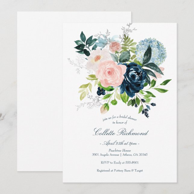 Invitación Ducha nupcial floral de la marina de Rubor (Anverso / Reverso)