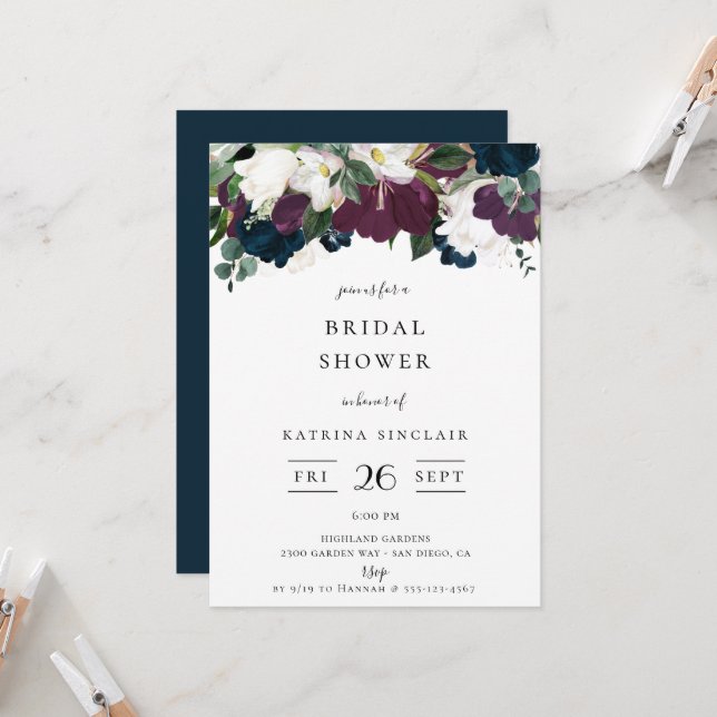 Invitación Ducha nupcial floral de la Marina Púrpura (Anverso/Reverso In Situ)