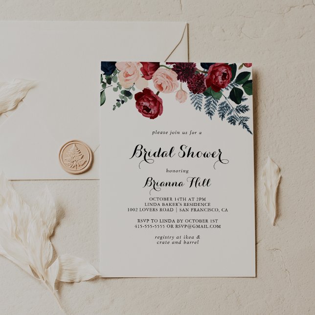 Invitación Ducha nupcial floral de la Marina Rosa de Borgoña (Subido por el creador)