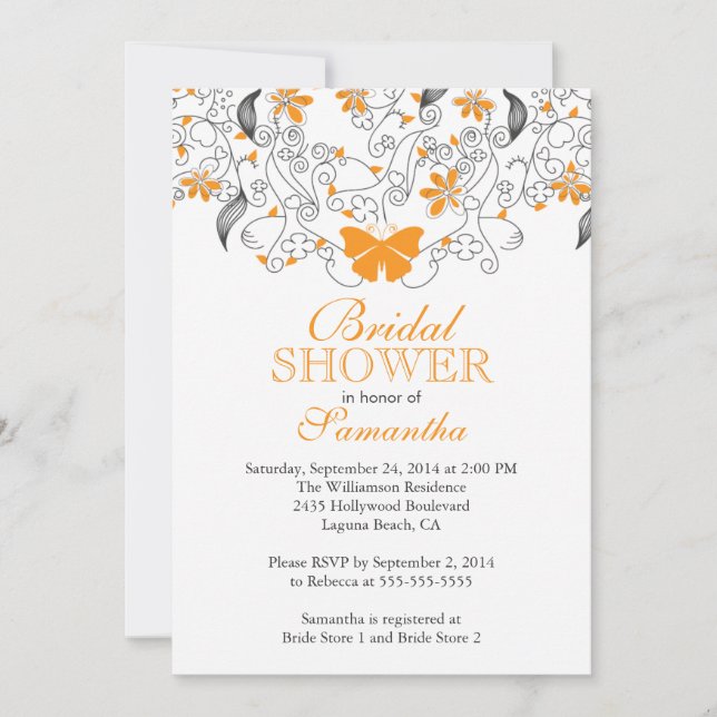 Invitación Ducha nupcial floral de la mariposa anaranjada (Anverso)