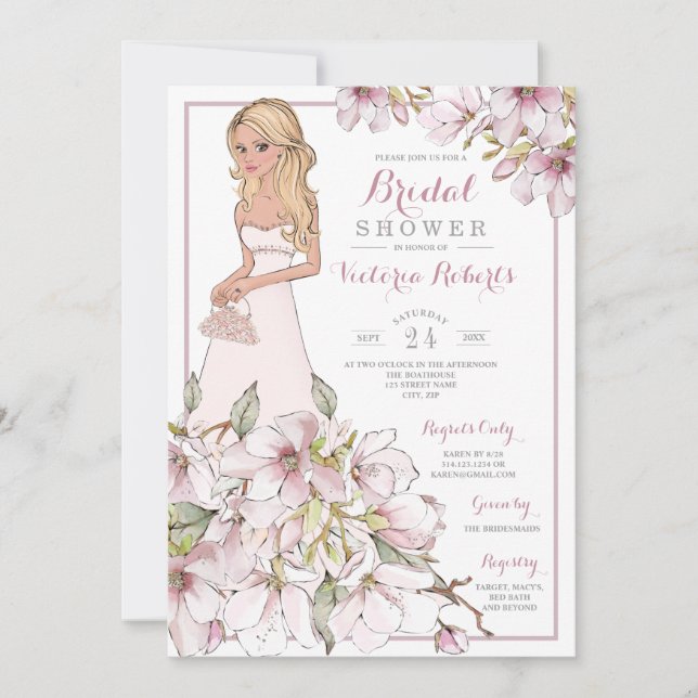 Invitación Ducha nupcial floral de la novia rubia (Anverso)