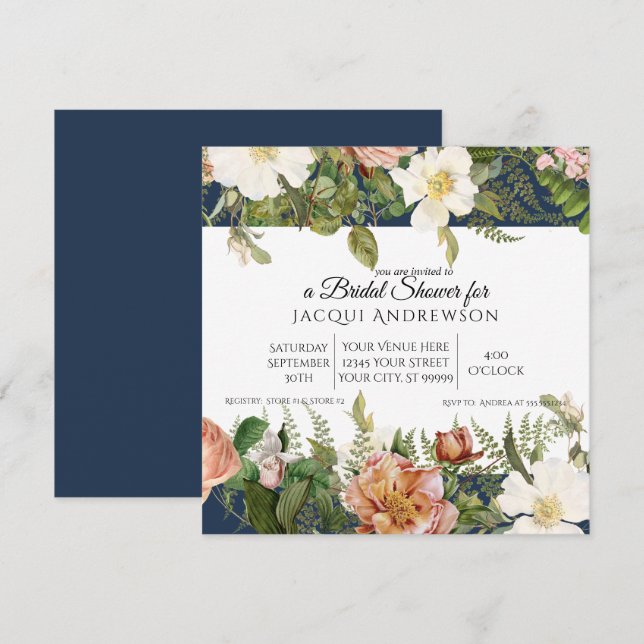 Invitación Ducha nupcial floral de los rosas de marfil de la (Anverso / Reverso)