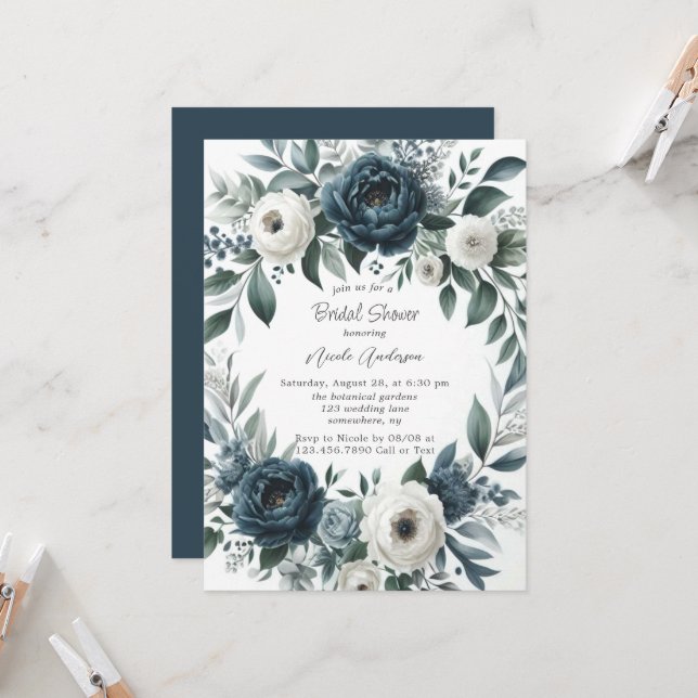 Invitación Ducha nupcial floral de marfil azul y plata de la  (Anverso/Reverso In Situ)