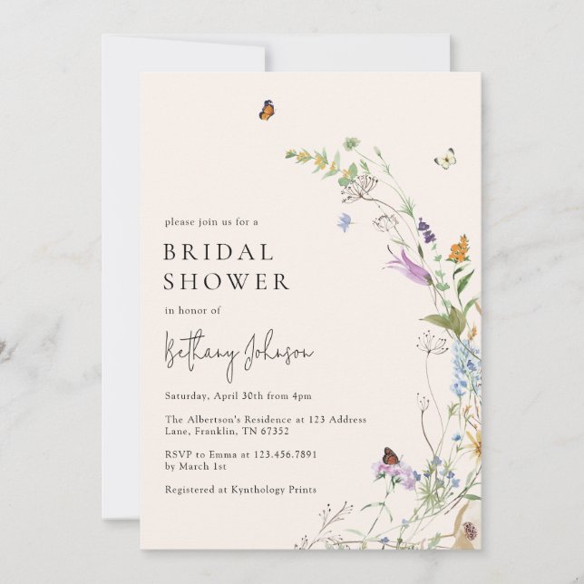 Invitación Ducha nupcial floral de mariposa (Anverso)
