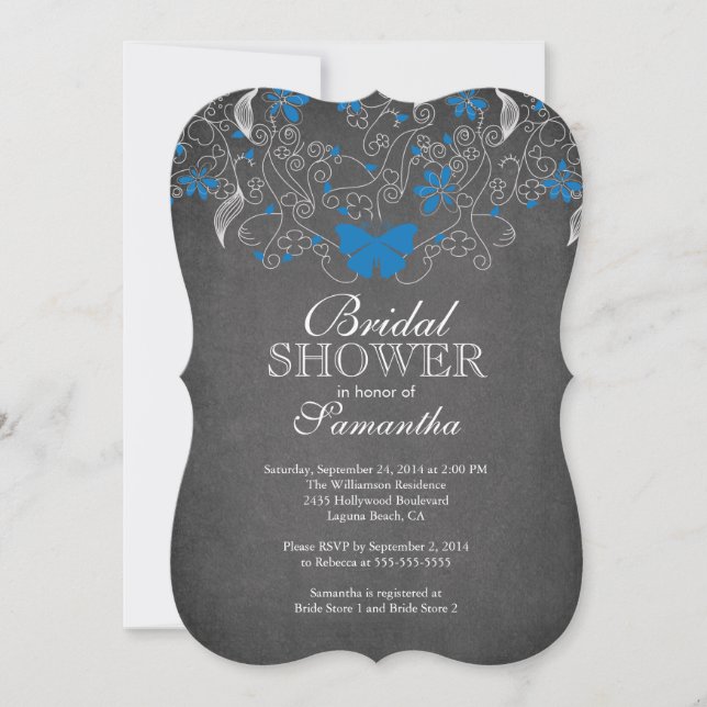 Invitación Ducha nupcial floral de mariposa azul Chalkboard (Anverso)