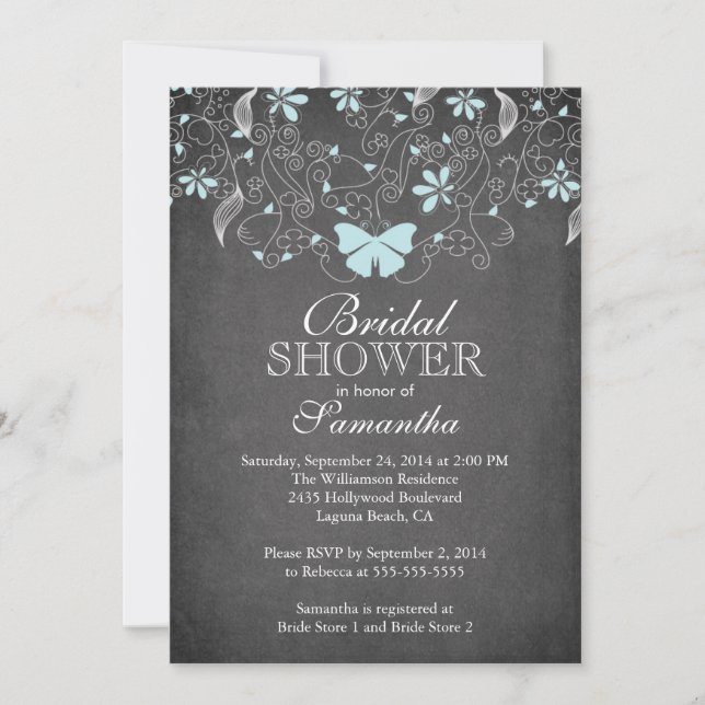 Invitación Ducha nupcial floral de mariposa azul Chalkboard (Anverso)