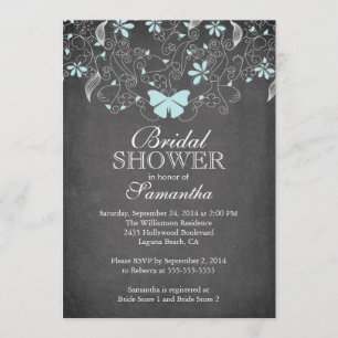 Invitación Ducha nupcial floral de mariposa azul Chalkboard