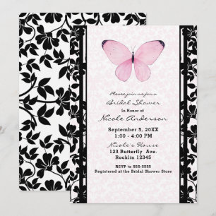 Invitación Ducha nupcial floral de mariposa negra y rosa