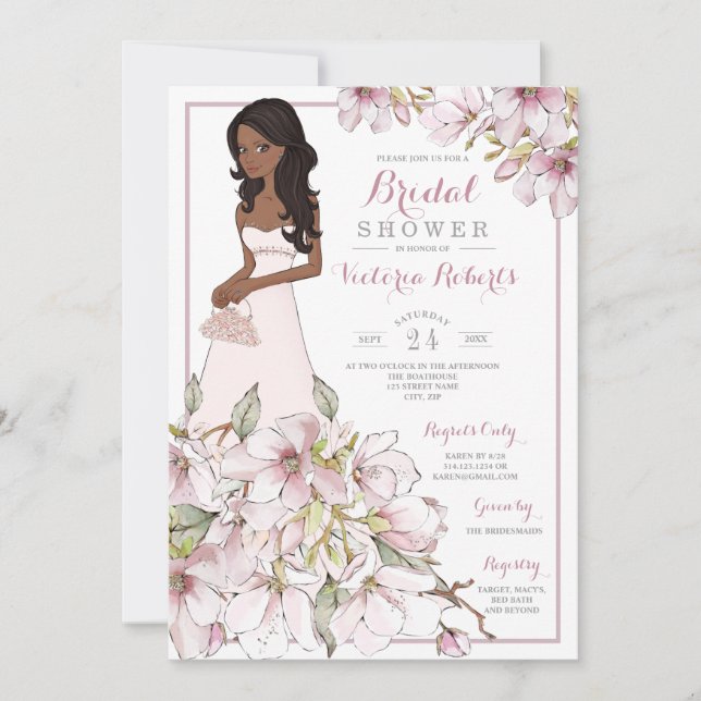 Invitación Ducha nupcial floral de novia afroamericana (Anverso)