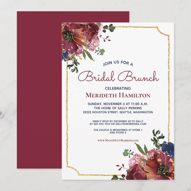Invitación Ducha nupcial floral de oro azul de la Marina de B (Anverso / Reverso)