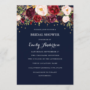 Invitación Ducha nupcial floral de oro de borgoña