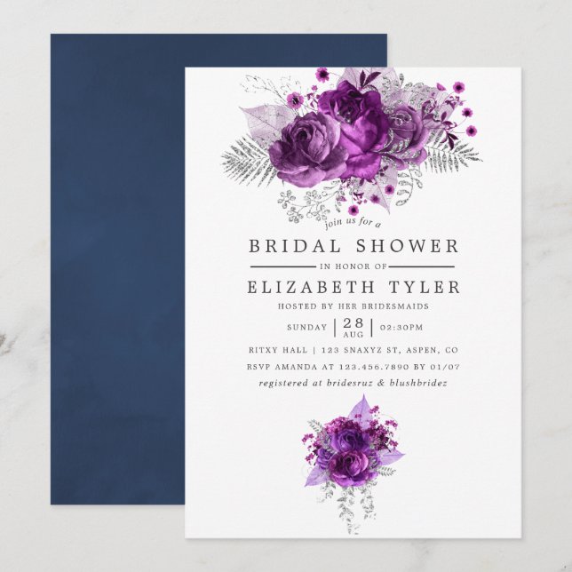 Invitación Ducha nupcial floral de plumas y acuarelas de la m (Anverso / Reverso)