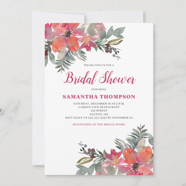 Invitación Ducha nupcial floral de Poinsettia roja (Anverso)