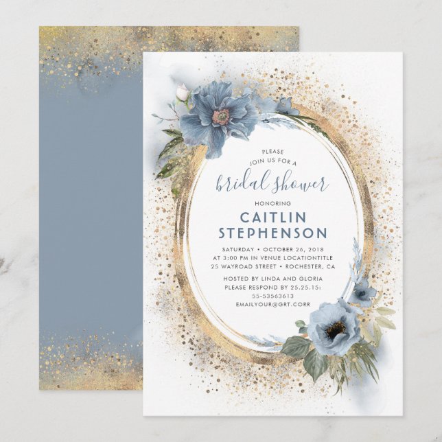 Invitación Ducha nupcial floral de Purpurina azul y dorado (Anverso / Reverso)