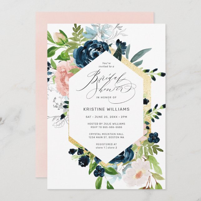 Invitación Ducha nupcial floral de Rosa azul de la Marina de  (Anverso / Reverso)