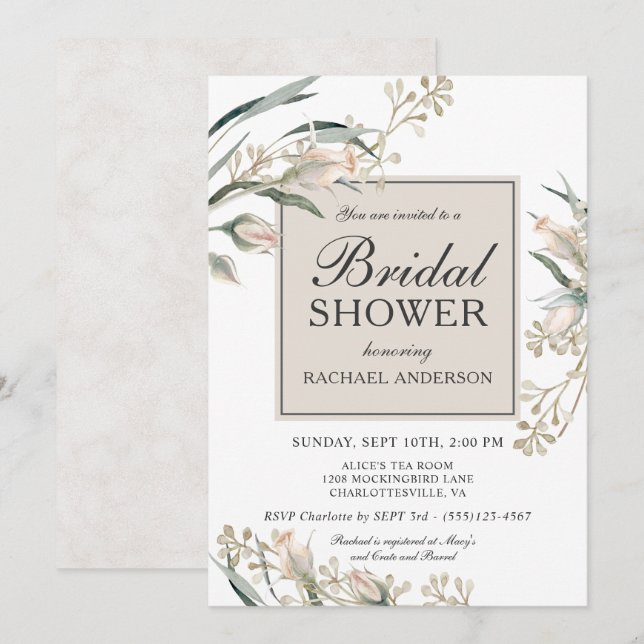Invitación Ducha nupcial floral de rosebudos blancos femenino (Anverso / Reverso)