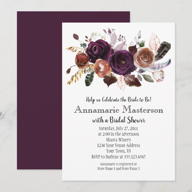 Invitación Ducha nupcial floral de roya púrpura boho (Anverso / Reverso)