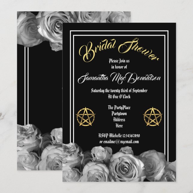 Invitación Ducha nupcial floral del negro del pentáculo de (Anverso / Reverso)