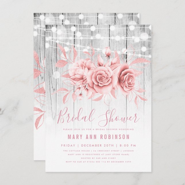 Invitación Ducha nupcial floral dorada Rosa (Anverso / Reverso)