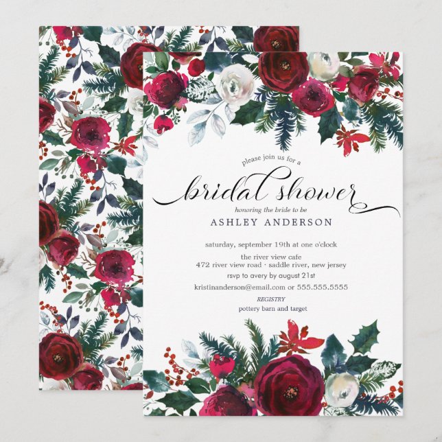 Invitación Ducha nupcial floral en flor de invierno (Anverso / Reverso)