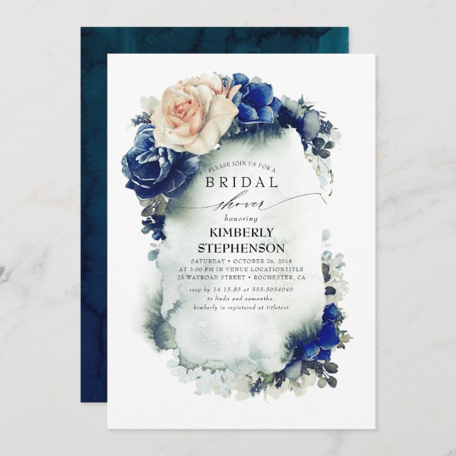 Invitación Ducha nupcial floral floral azul y Naranja (Anverso / Reverso)