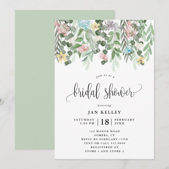 Invitación Ducha nupcial floral, flores acuáticas de cabaña (Anverso / Reverso)