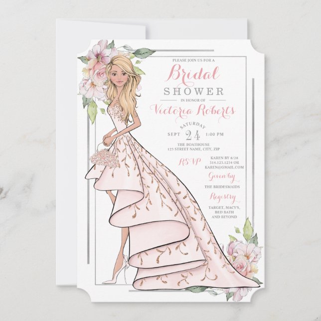 Invitación Ducha nupcial floral ilustrada de novia (Anverso)