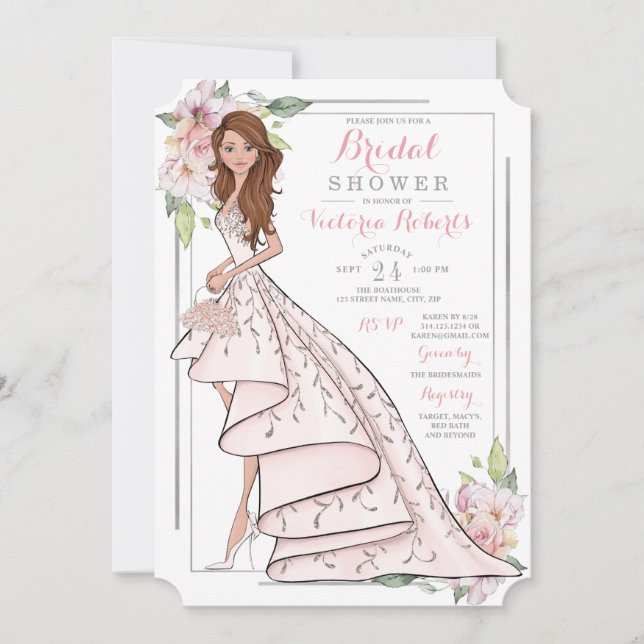 Invitación Ducha nupcial floral ilustrada de novia (Anverso)