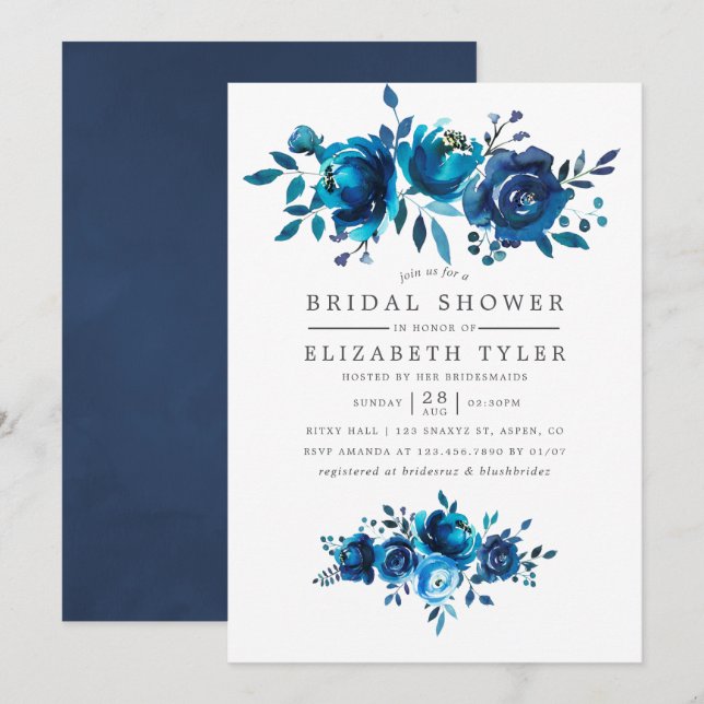 Invitación Ducha nupcial floral marina y acuarela blanca (Anverso / Reverso)