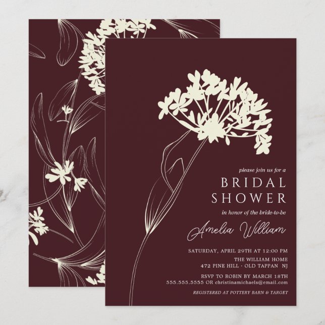 Invitación Ducha nupcial floral moderna de plumas y crema (Anverso / Reverso)