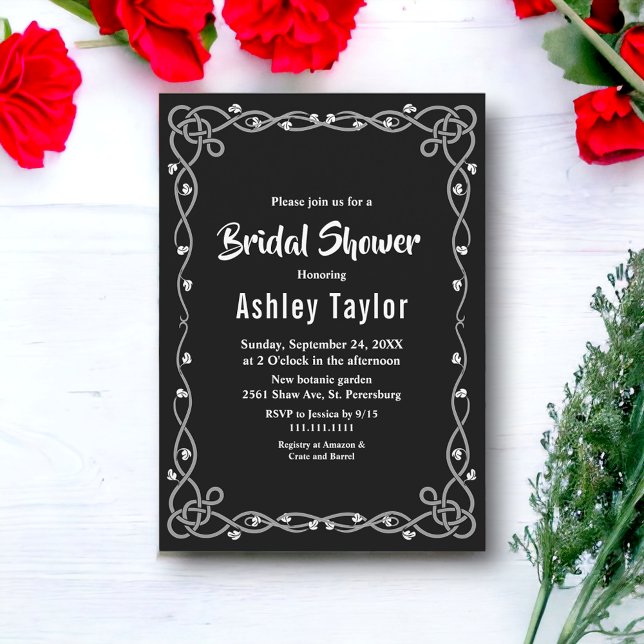 Invitación Ducha nupcial floral moderna mínima en blanco y ne (Subido por el creador)